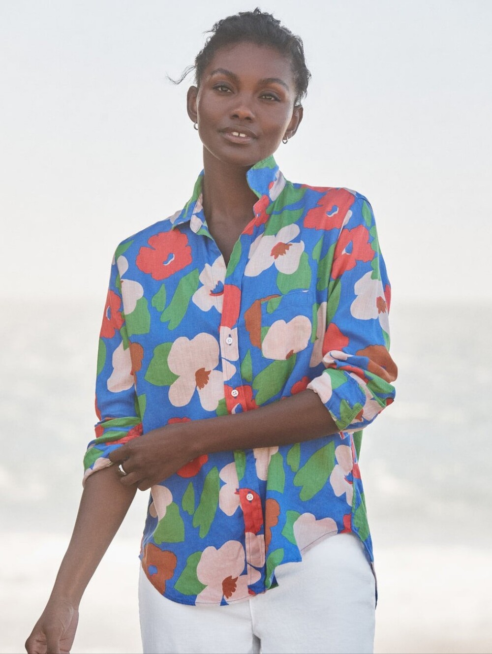 Frank & Eileen Bright Blue Floral Linen Eileen Shirt Small